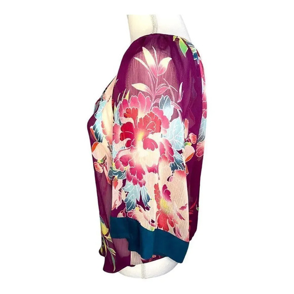 Express Women’s Small Burgundy‎ Floral V-Neck Sheer Blouse With Tie Neck - Picture 2 of 6